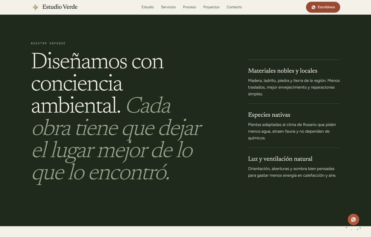 Sección de enfoque de Estudio Verde sobre fondo verde oscuro